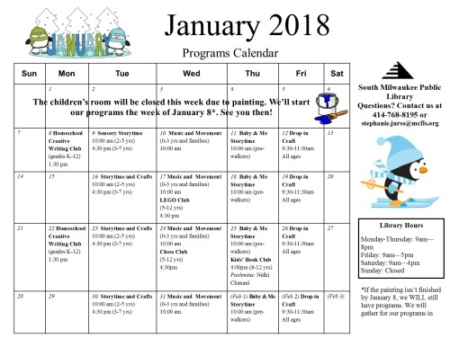 January 2018 children's calendar