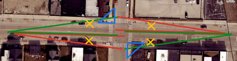 map of the intersection of 12th Avenue and Milwaukee Avenue overlayed with vision triangles
